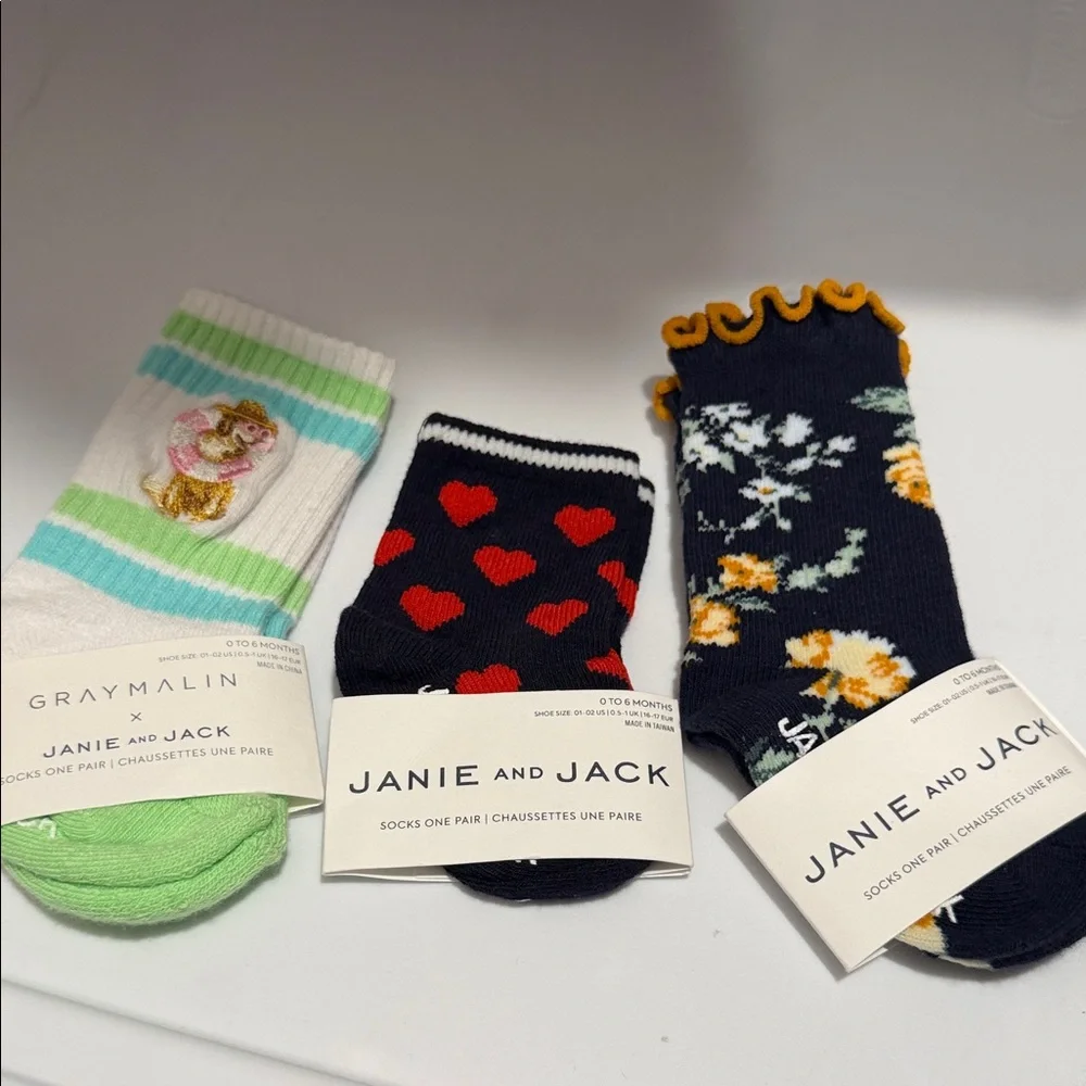Janie and Jack Kids' Patterned Socks Trio 0-6 month NWT